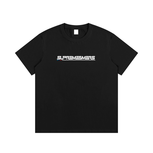 Driven By L3gacy Tee front view — black heavyweight tee with SupremeBMers wordmark and M-stripe accent