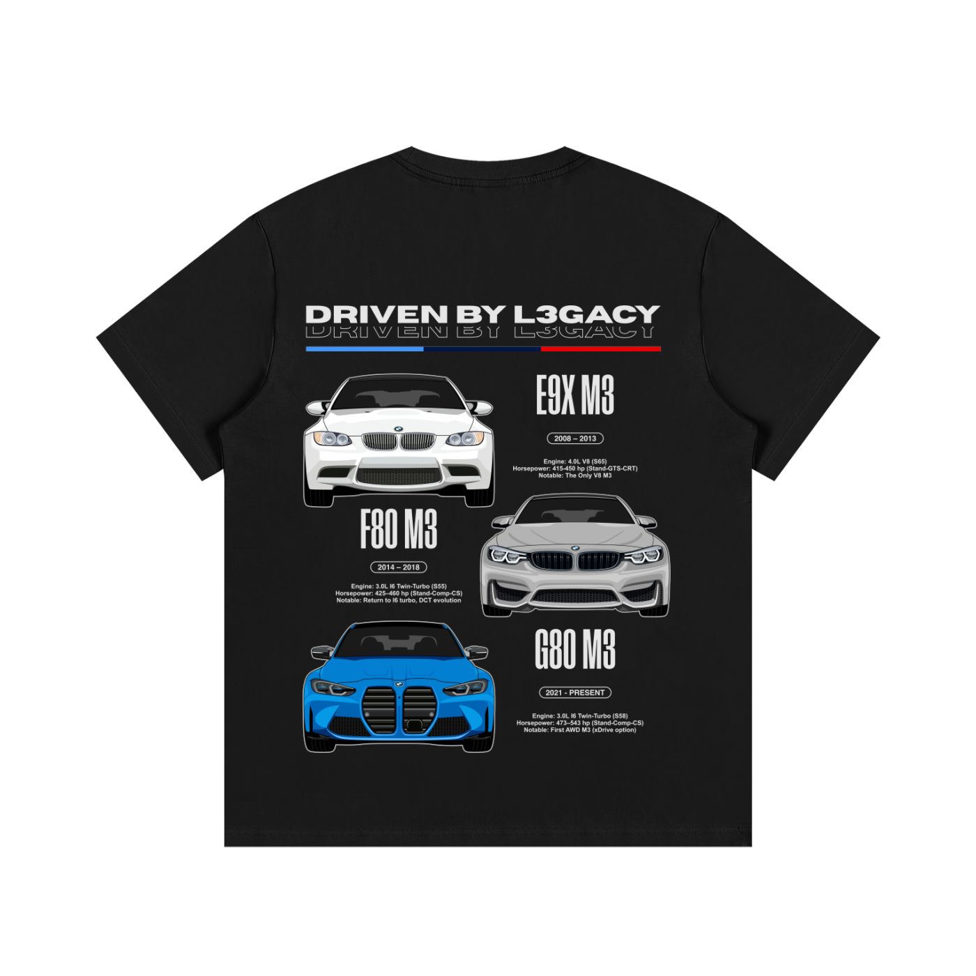 Driven By L3gacy Tee Back view — black heavyweight tee with 3 Generations of M3s - E9X, F80, G80 with details about horsepower and years of production with a unique fact