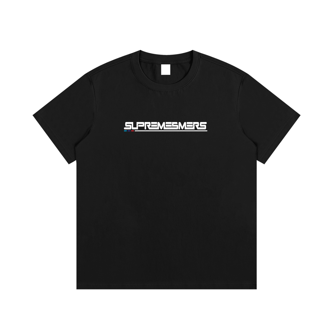 Driven By L3gacy Tee front view — black heavyweight tee with SupremeBMers wordmark and M-stripe accent